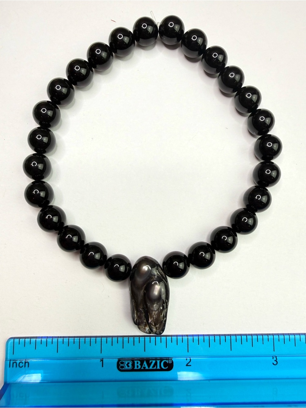 Obsidian & Black Blister Pearl Bead Stretch Unisex Bracelet - Natural Crystal